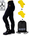 Woman's legs  with motorcycle leggings and boots and the MotoGirl bag with protectors