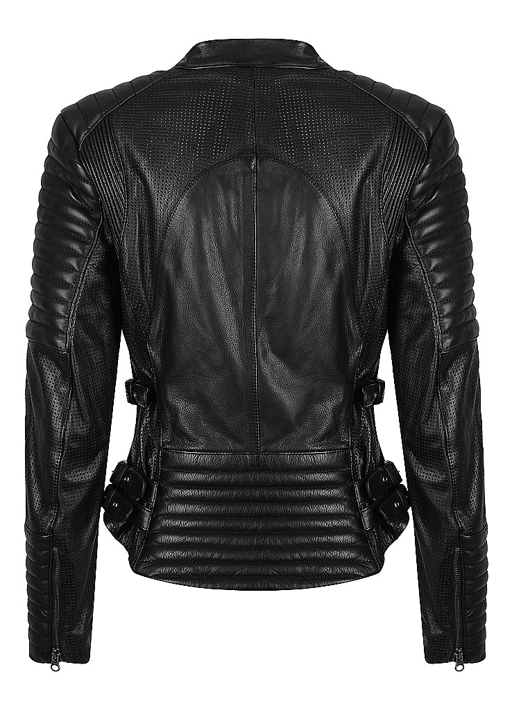 The back of Women's black leather motorcycle jacket modern classic style from Black arrow label