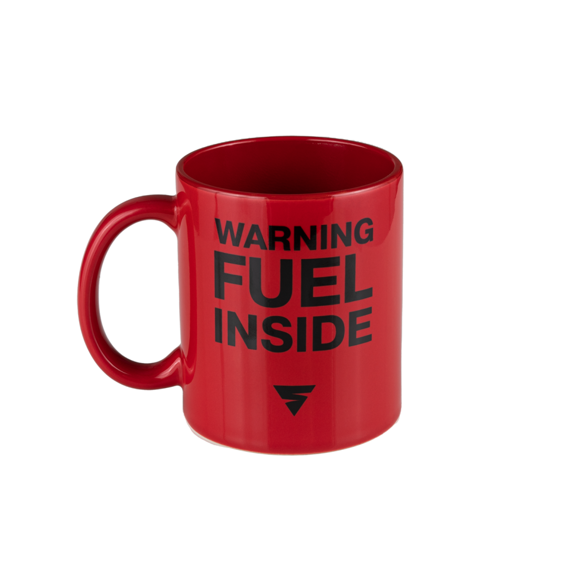 Red mug with "warning - fuel inside"text