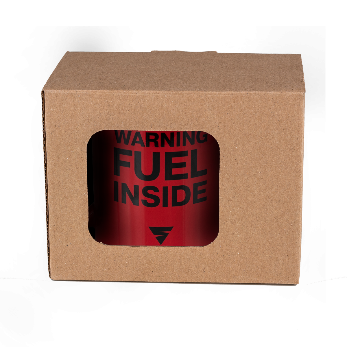 Red mug with "warning fuel inside"logo in a box