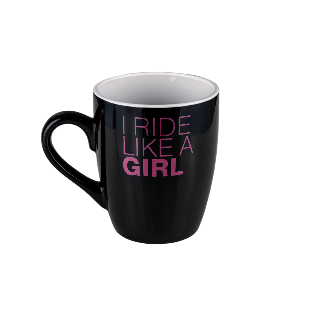 A black mug with pink logo "ride like a girl"