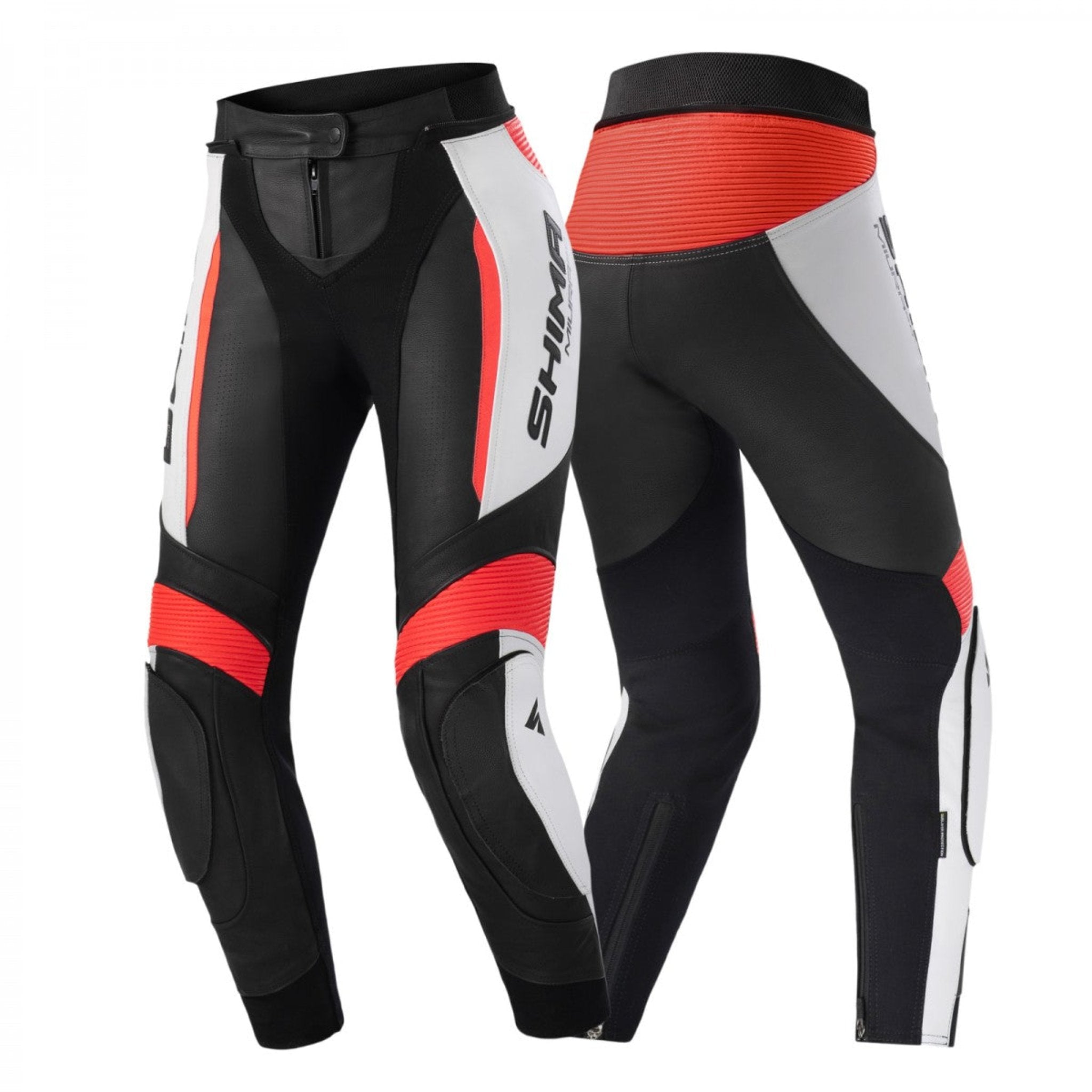 Red, white and black Motorcycle pants from Shima from the front and back