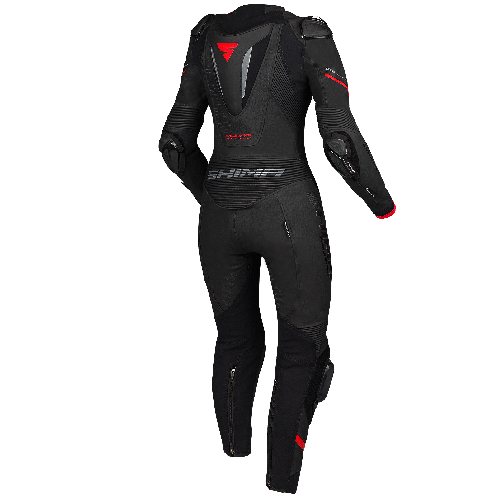 Black and red women's motorcycle racing suit from Shima from the back
