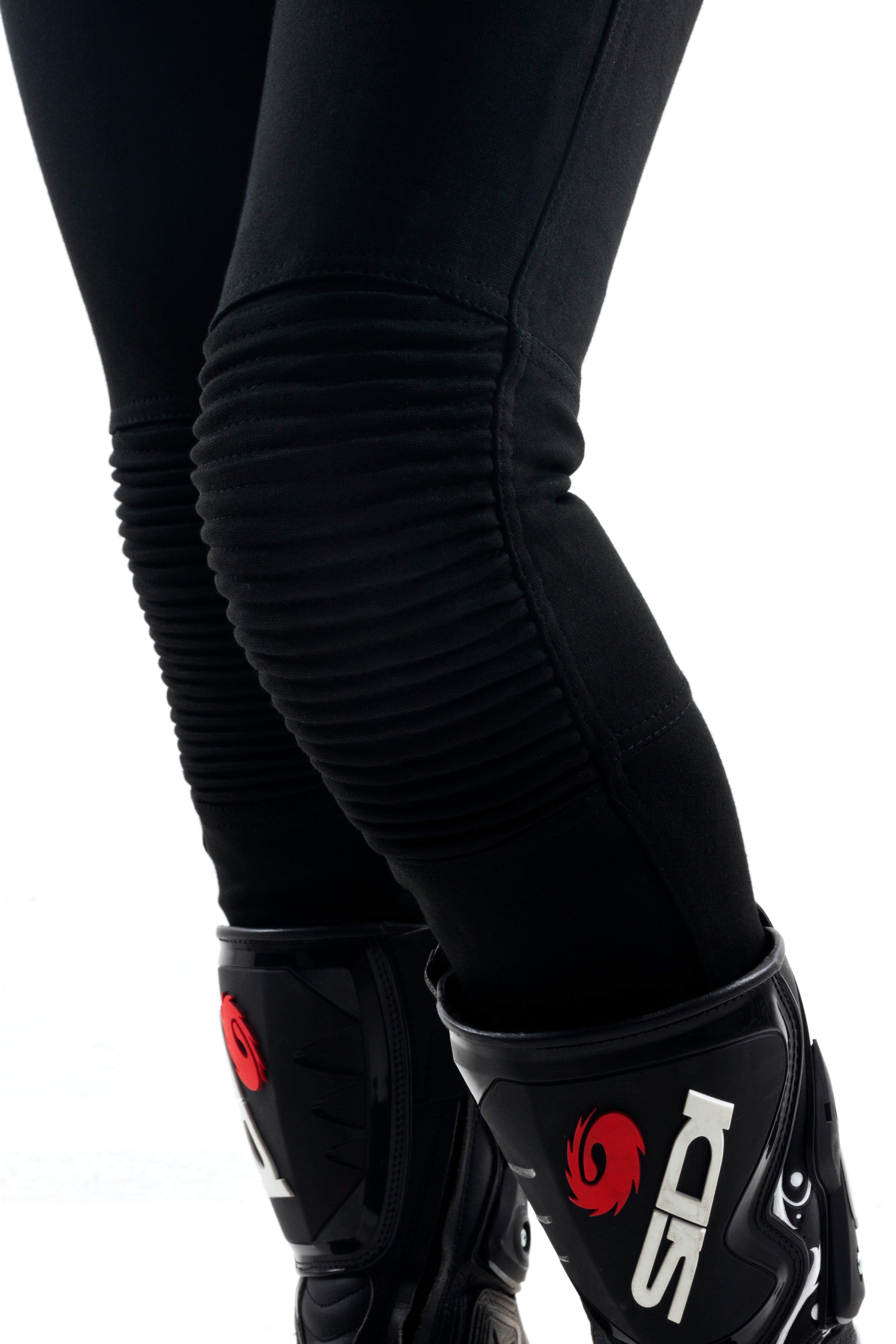 Black women&#39;s motorcycle ribbed knee design leggings  from MotoGirl close up photo of a knee