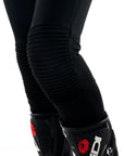Black women's motorcycle ribbed knee design leggings  from MotoGirl close up photo of a knee