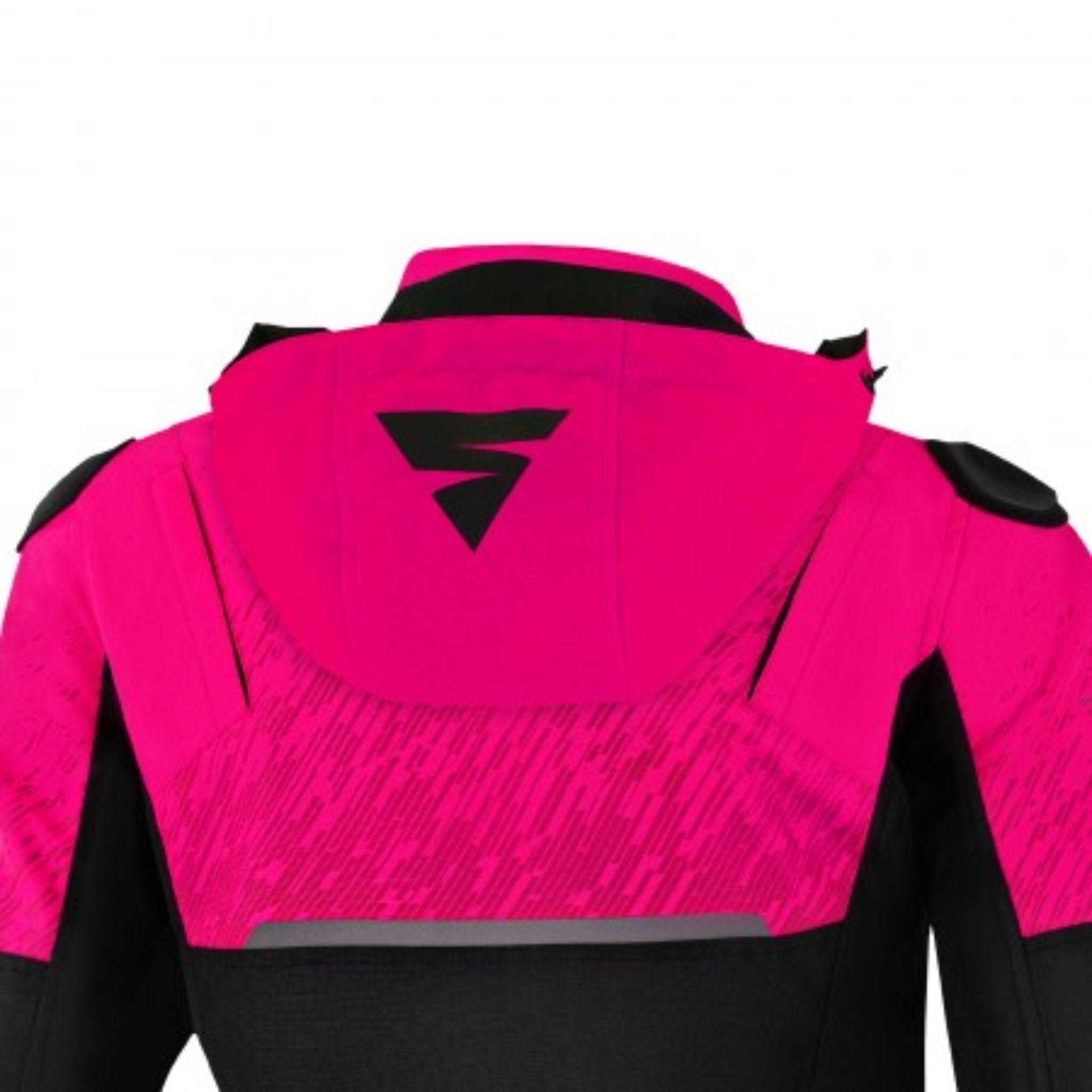 A hood with Shima logo on a pink motorcycle jacket