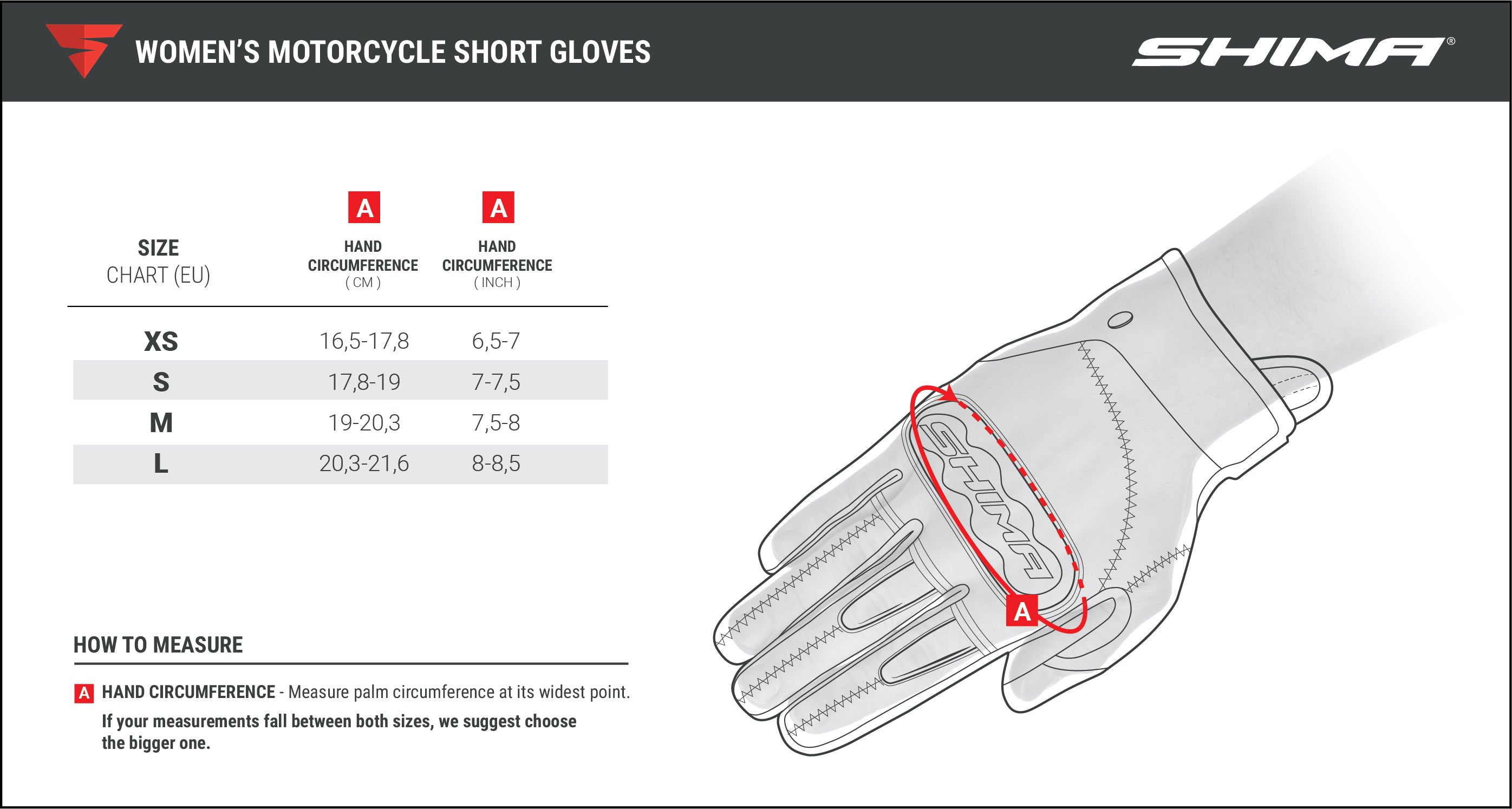Size chart for short female motorcycle gloves from Shima